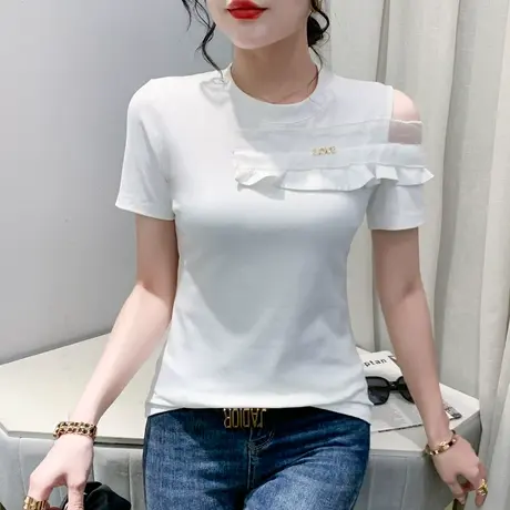 性感露肩T恤女短袖欧货夏季时尚修身荷叶边小衫洋气网纱拼接上衣商品大图