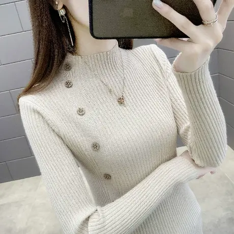 百搭半高领打底衫女士内搭修身紧身高领毛衣秋冬季针织衫保暖上衣商品大图