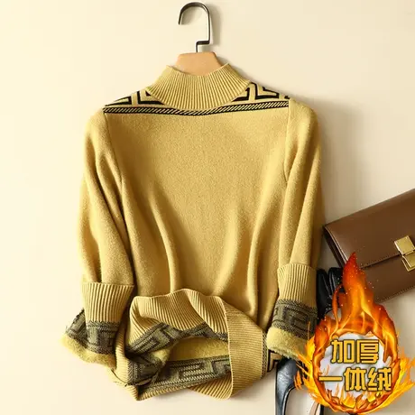 一体绒半高领毛衣女2023年新款加绒加厚打底衫女秋冬内搭针织上衣商品大图