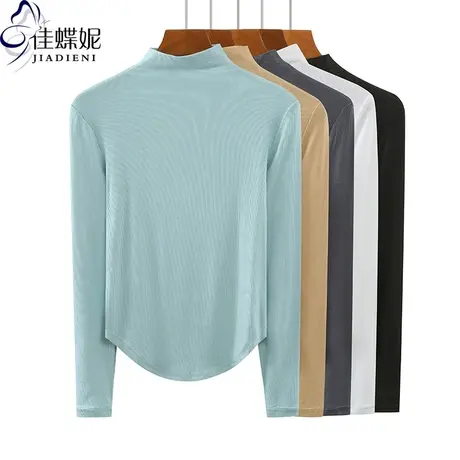 春秋新款韩版半高领纯色下摆圆弧修身纯欲纯棉长袖体恤上衣内搭女图片