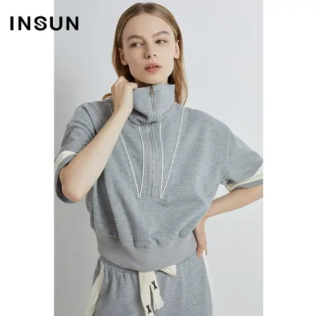 INSUN恩裳奥莱2023夏季休闲运动风灰色挺括拉链卫衣图片