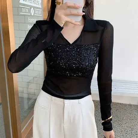 早秋新款性感透视V领雪纺衫女长袖欧货夜店风亮片上衣内搭打底衫图片