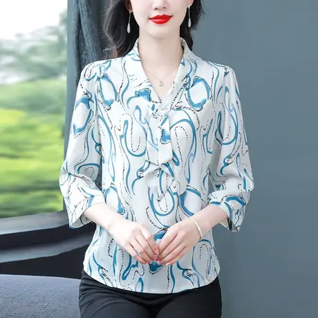 七分袖雪纺衫女2023秋季新款宽松时尚洋气妈妈V领花遮肚显瘦小衫商品大图