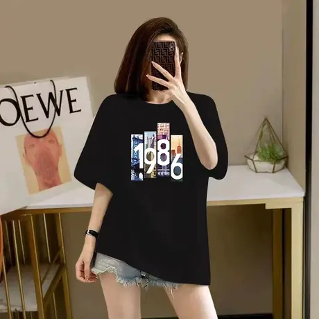 夏季新款白色欧货美式短袖t恤爆款纯棉印花图案中长款女装宽松ins商品大图