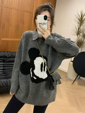 慵懒风灰色卡通牛仔领子套头针织衫女2023秋冬新款宽松中长款毛衣图片