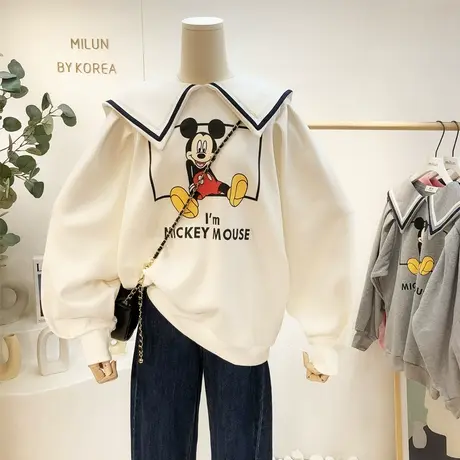 海军娃娃领卫衣2021秋季新款韩国东大门泡泡袖上衣慵懒风宽松显瘦商品大图