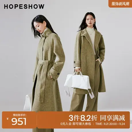 红袖outlets插肩袖翻领长款大衣hopeshow2023冬款双面呢气质外套商品大图