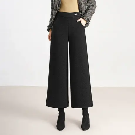 百搭羊毛呢阔腿裤女2023年秋冬新款高腰宽松显瘦小个子九分休闲裤图片