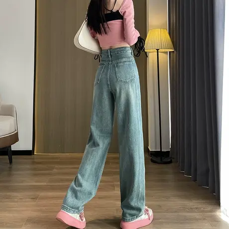 复古阔腿牛仔裤女春秋季2023新款宽松高腰显瘦加长小个子直筒裤子商品大图