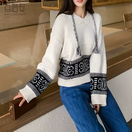 百洛安连帽复古提花针织衫女秋冬新款时尚宽松百搭粗针毛衣上衣厚商品大图