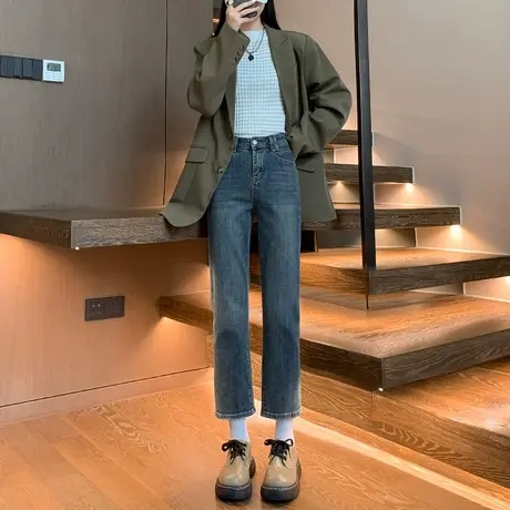 水泥灰直筒牛仔裤女2024秋冬新款垂感阔腿法棍裤小个子九分烟管裤图片