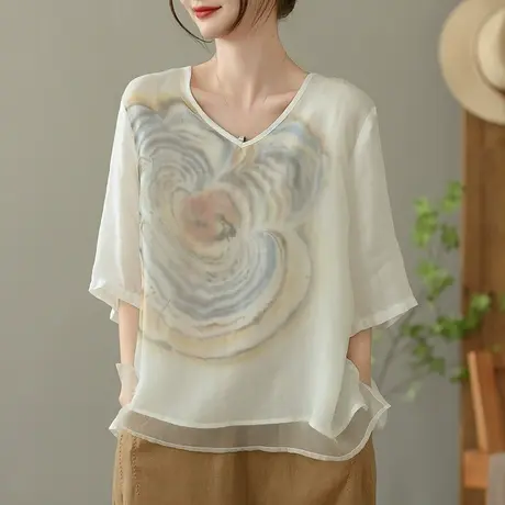 dza 复古印花苎麻短袖T恤女2023夏薄V领打底体恤宽松棉麻套头上衣商品大图