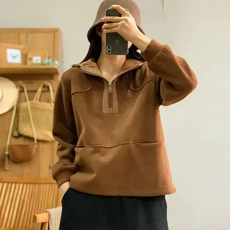 dza 复古短款纯色加厚连帽卫衣女2023冬新款宽松拉链加绒长袖上衣商品大图