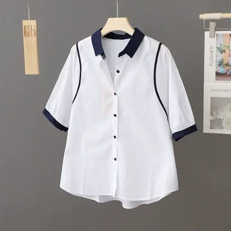 夏装新款时尚百搭拼色翻领短袖衬衫女宽松休闲棉质上衣小众衬衣潮图片
