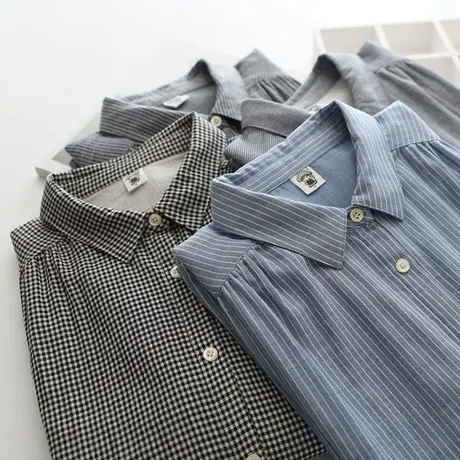 秋装韩版文艺简约宽松显瘦双层纱纯棉格子长袖衬衫女打底条纹上衣商品大图