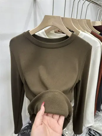 设计感下摆褶皱加薄绒长袖T恤女2023秋冬新款洋气内搭打底衫上衣商品大图