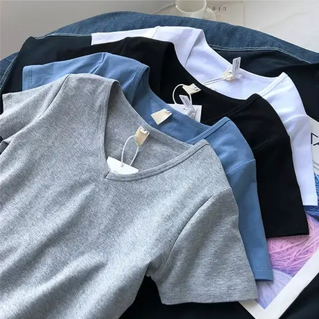 v领短袖t恤女短款ins潮网红小众露脐修身2024夏新款高腰正肩上衣商品大图