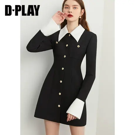 DPLAY德帕拉秋装新设计感通勤风黑白拼接翻领定制滴釉扣A摆连衣裙图片