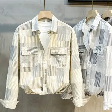 条纹工装衬衫男长袖纯棉宽松拼接日系休闲衬衣外套男春秋2025新款商品大图