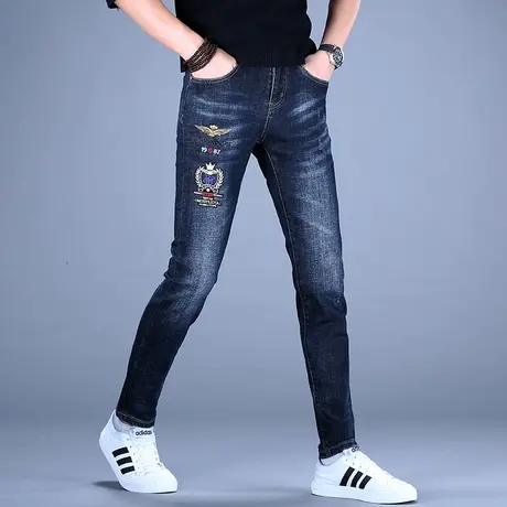 2023男款秋冬男士刺绣花牛仔裤男潮牌修身小脚休闲男款长裤子韩版图片
