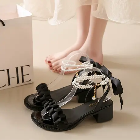 仙女风配裙子中跟罗马凉鞋女2023夏季新款蝴蝶结珍珠百搭粗跟鞋子图片