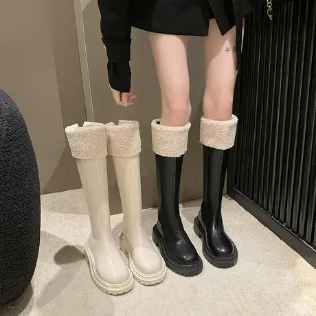 长筒靴女2023年秋冬季新款加绒保暖英伦风显瘦靴子粗跟厚底骑士靴商品大图