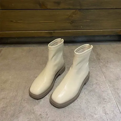 法式小短靴女2024新款秋冬马丁靴平底显瘦中筒靴小个子粗跟厚底靴商品大图