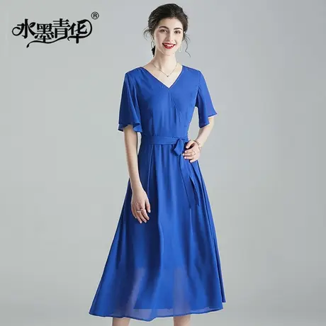 【1件7.9折】夏装新品时尚V领系带修身大摆简约收腰连衣裙图片