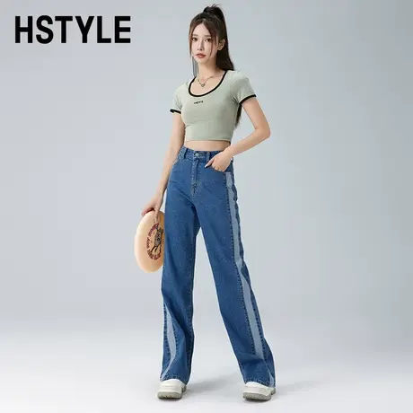 韩都衣舍2023夏装新款女直筒拖地裤拼接显瘦牛仔裤DX2031图片