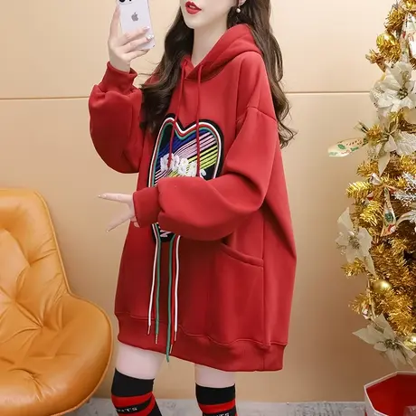 加绒加厚红色连帽卫衣女2024新款春季爆款洋气网红宽松设计感外套商品大图