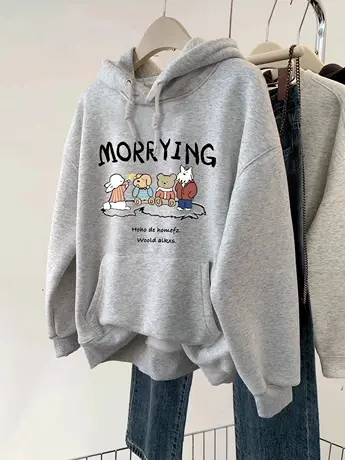 vintage美式连帽卫衣秋冬加绒女装网红设计感ins潮牌宽松外套上衣商品大图