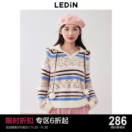 乐町软糯风翻领毛针织衫2023年冬季新款少女彩色条纹宽松套头毛衣商品大图