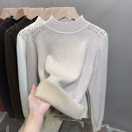 一体绒半高领毛衣女加绒加厚打底衫2023秋冬新款针织衫内搭上衣潮商品大图