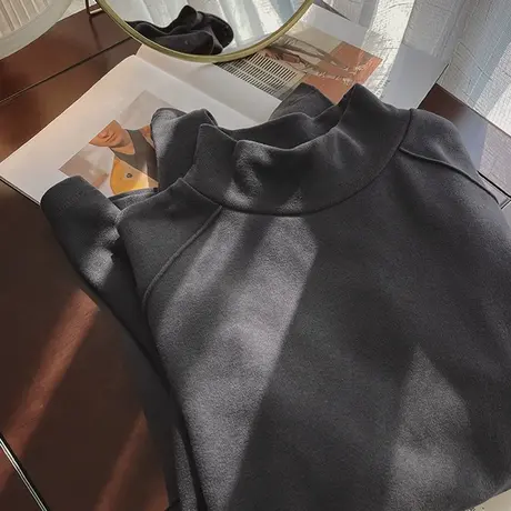 双面德绒磨毛打底衫女内搭修身显瘦长袖T恤冬季加绒加厚保暖上衣图片