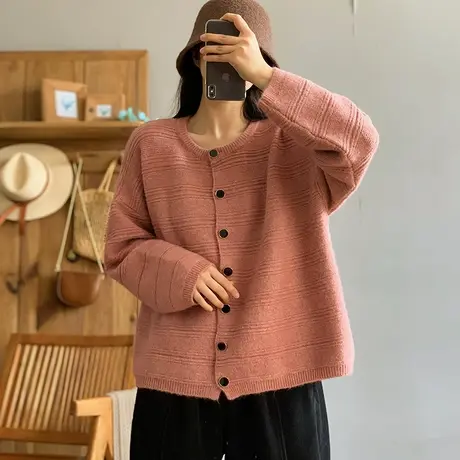 dza 复古纯色条纹羊驼毛衣开衫女短款针织上衣休闲圆领宽松外套女商品大图