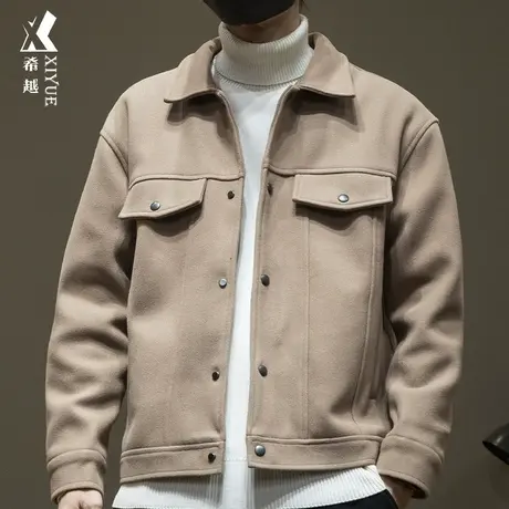 希越美式工装毛呢夹克男秋冬季保暖加棉外套宽松大码男士翻领棉衣商品大图
