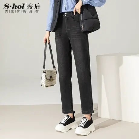 秀后黑灰色哈伦牛仔裤女2023冬季新款高腰显瘦加绒加厚老爹萝卜裤商品大图