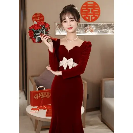 鱼尾敬酒服2023新款新娘红色丝绒冬季长袖高级感订婚宴会晚礼服女商品大图