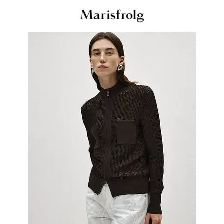 【轻密针织】玛丝菲尔春季咖啡色镂空针织衫开衫外套女商品大图