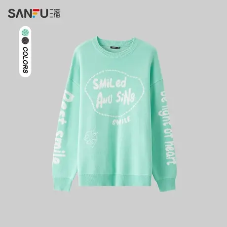 三福2024春季男士趣味字母涂鸦毛衣 休闲圆领微落上衣男482154商品大图