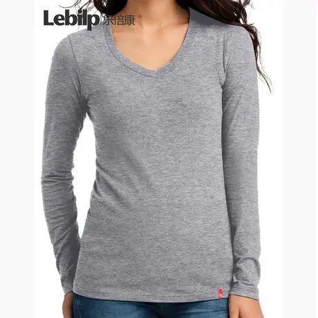 乐倍康长袖t恤女V领修身打底衫春秋白色黑色灰色体恤男上衣百搭款图片
