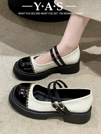 法式复古玛丽珍小皮鞋女晚晚风温柔百搭链条平底圆头黑色浅口单鞋商品大图