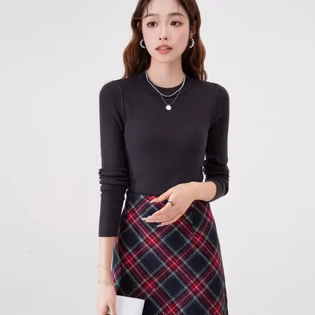 othermix圆领修身显瘦针织衫女2024春新款纯色基础百搭打底衫上衣图片