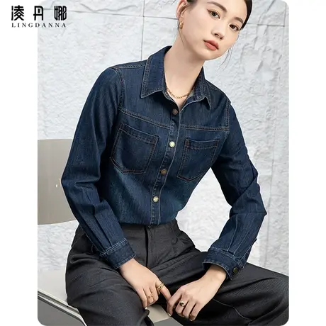蓝色亚麻牛仔衬衫女2024新款春夏薄款百搭女装长袖外套女翻领衬衣图片