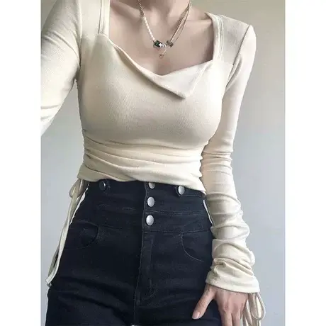 纯欲风设计感方领打底衫女秋冬季内搭长袖t恤chic甜辣妹短款上衣图片