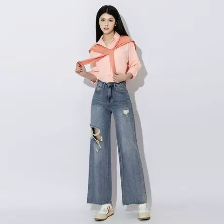 尚驭破洞牛仔裤女直筒裤宽松显瘦2024春季新款休闲高腰阔腿长裤潮图片