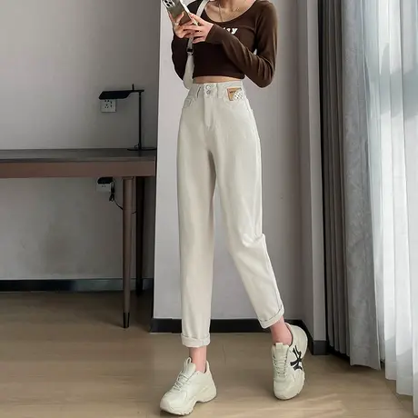 米白色哈伦牛仔裤女小个子直筒裤春秋新款高腰九分裤萝卜老爹裤子商品大图