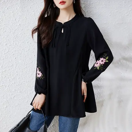 雪纺衫女长袖春季新款加肥加大码女装宽松中长款刺绣遮肚显瘦上衣商品大图