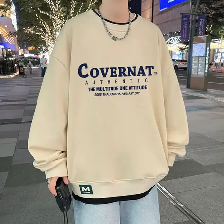 假两件卫衣男春秋款字母印花港风长袖t恤男慵懒风打底衫潮牌外套商品大图