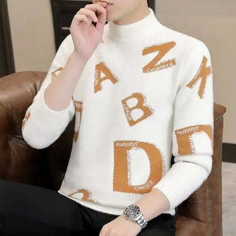 港士博冬季加厚毛衣男水貂绒双面绒线衣提花字母针织衫男士打底衫商品大图